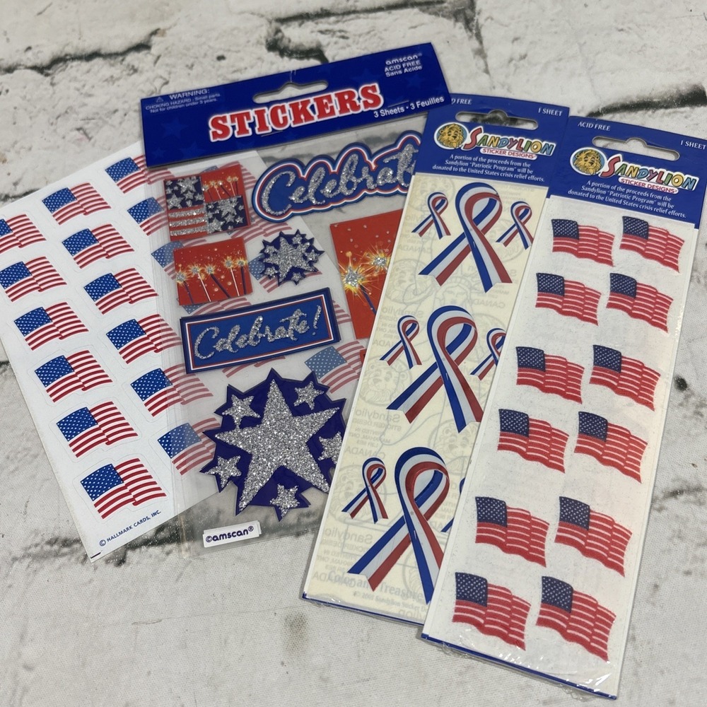 US Flag Stickers Red White‎ Blue Ribbons Scrapbooking Patriotic 4th Of July Lot